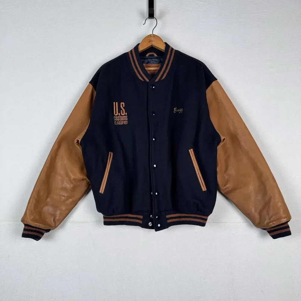 US Customs X Golden Bear Varsity Navy Wool Leather Jacket Mens Large Made‎ USA